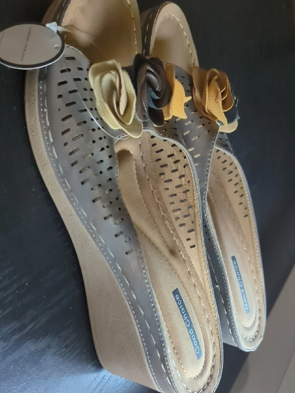 Good Choice Tan and Black Floral Wedge Mules